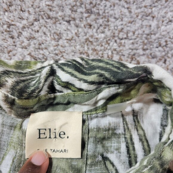 Elie Tahari Shirt Womens Large Green Floral Button Up 100% Linen Top - Picture 2 of 7